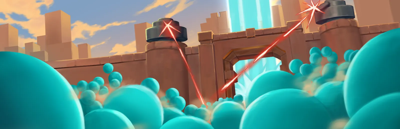 Library hero: teal swarm spheres surging toward a stronghold wall as its turrets fire red beams
